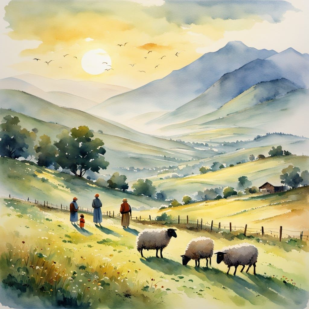 Idyllic Turkish Countryside Scene in Watercolor