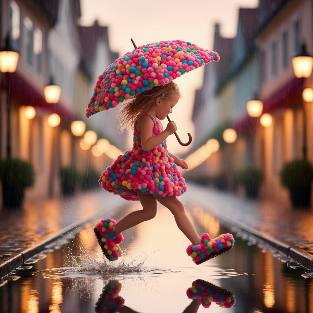 Girl in Pom-Pom Dress Leaping in Rainy Puddle