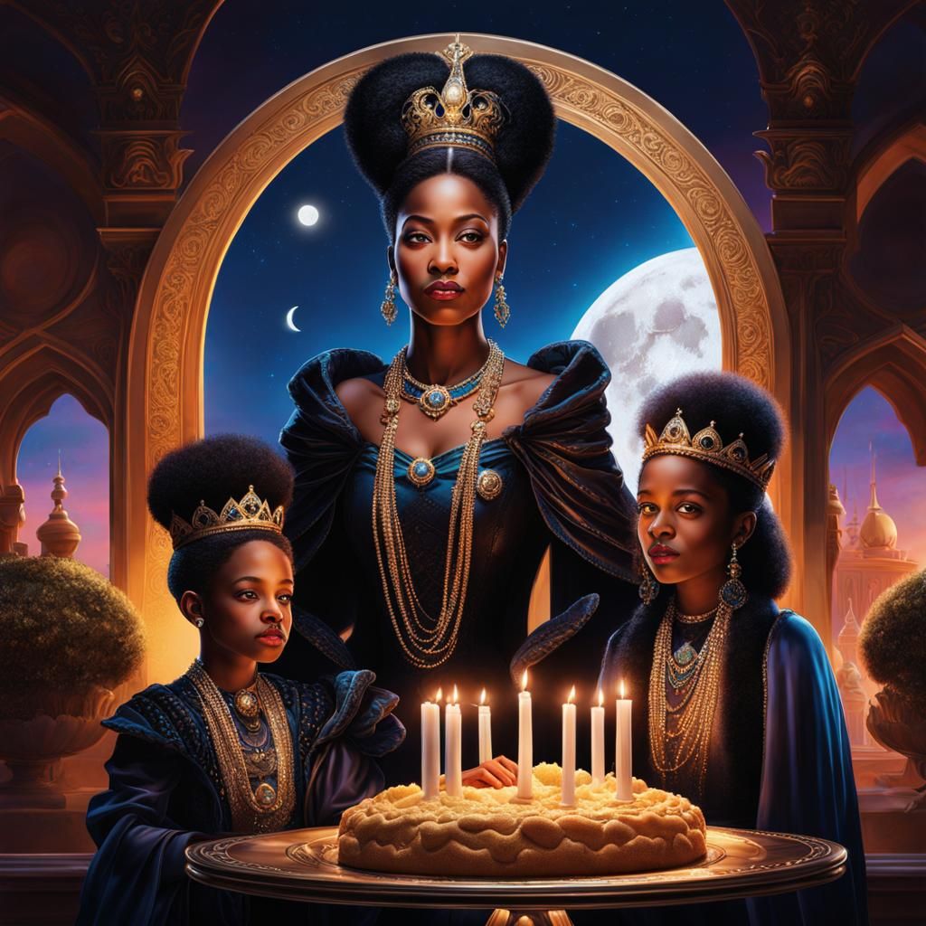Black Queen and Children in Enchanted Desert