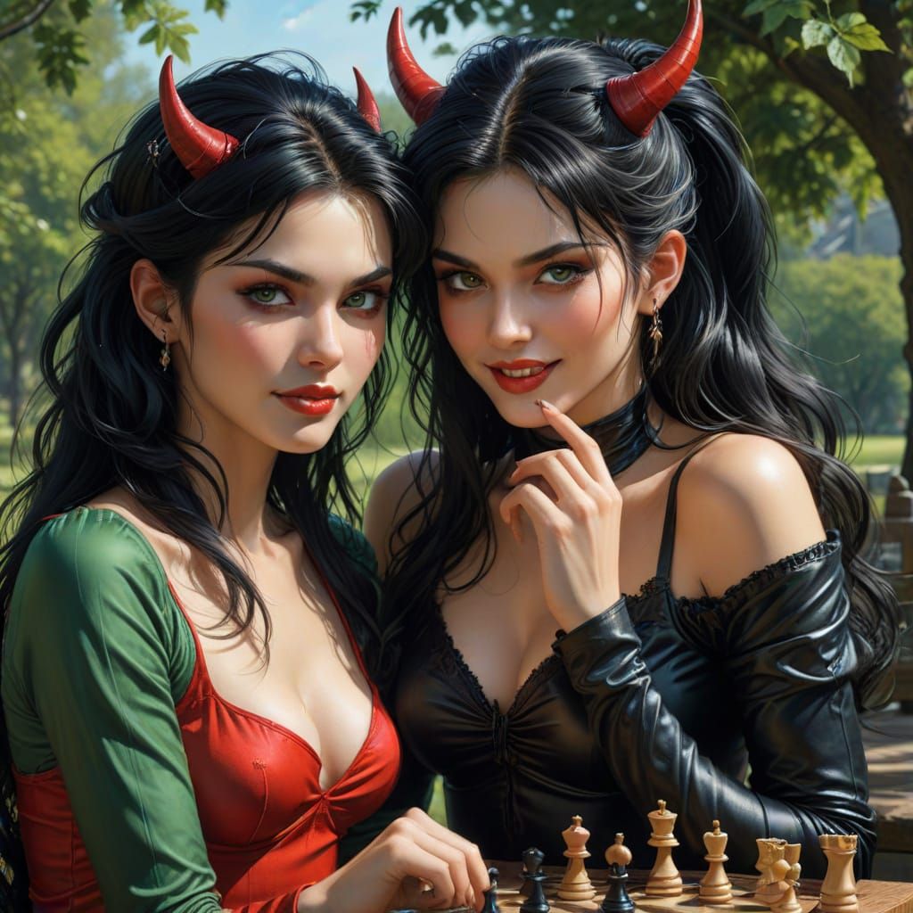 Mischievous Demon Hovering Over Chess Game as Digital Art