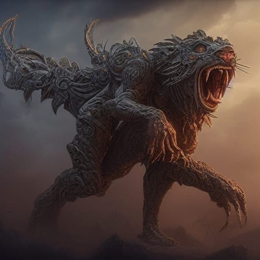 Magical Chimera in Hyperdetailed Dark Fantasy Landscape