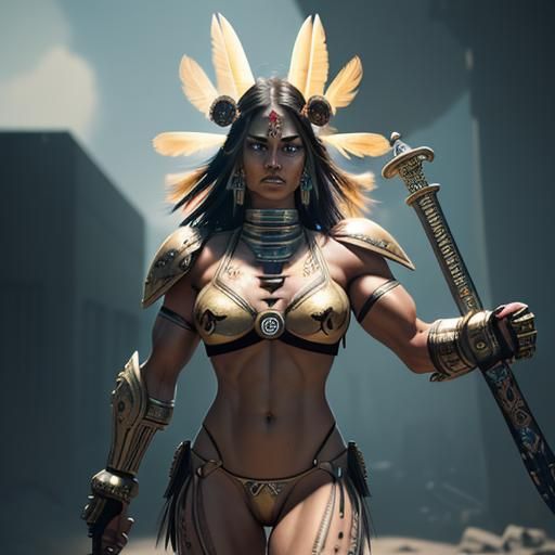 Aztec Warrior Woman in Cyberpunk Servo-Armor