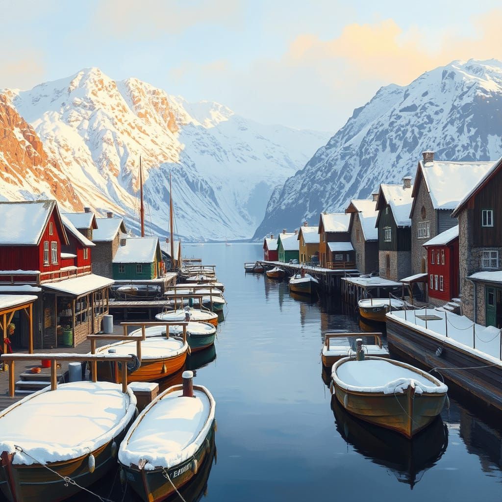 Winter Harbor in Norwegian Fjord Landscape, Inspired by Impr...