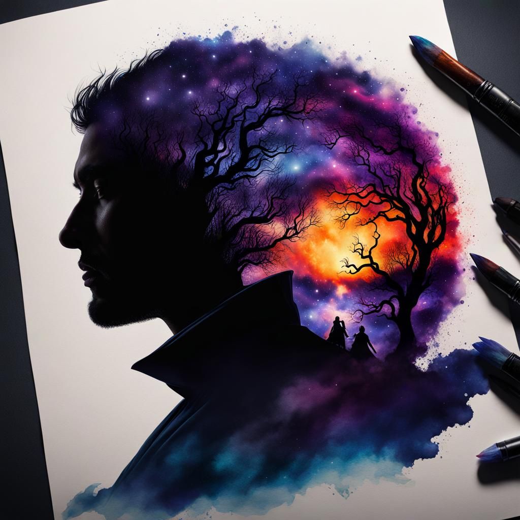 Warlock Silhouette in Galaxy Sunset: Hyperrealistic Watercol...