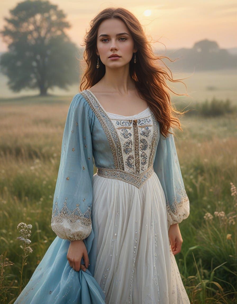 Ethereal 1400s Romanian Woman in Traditional Dress in Misty ...