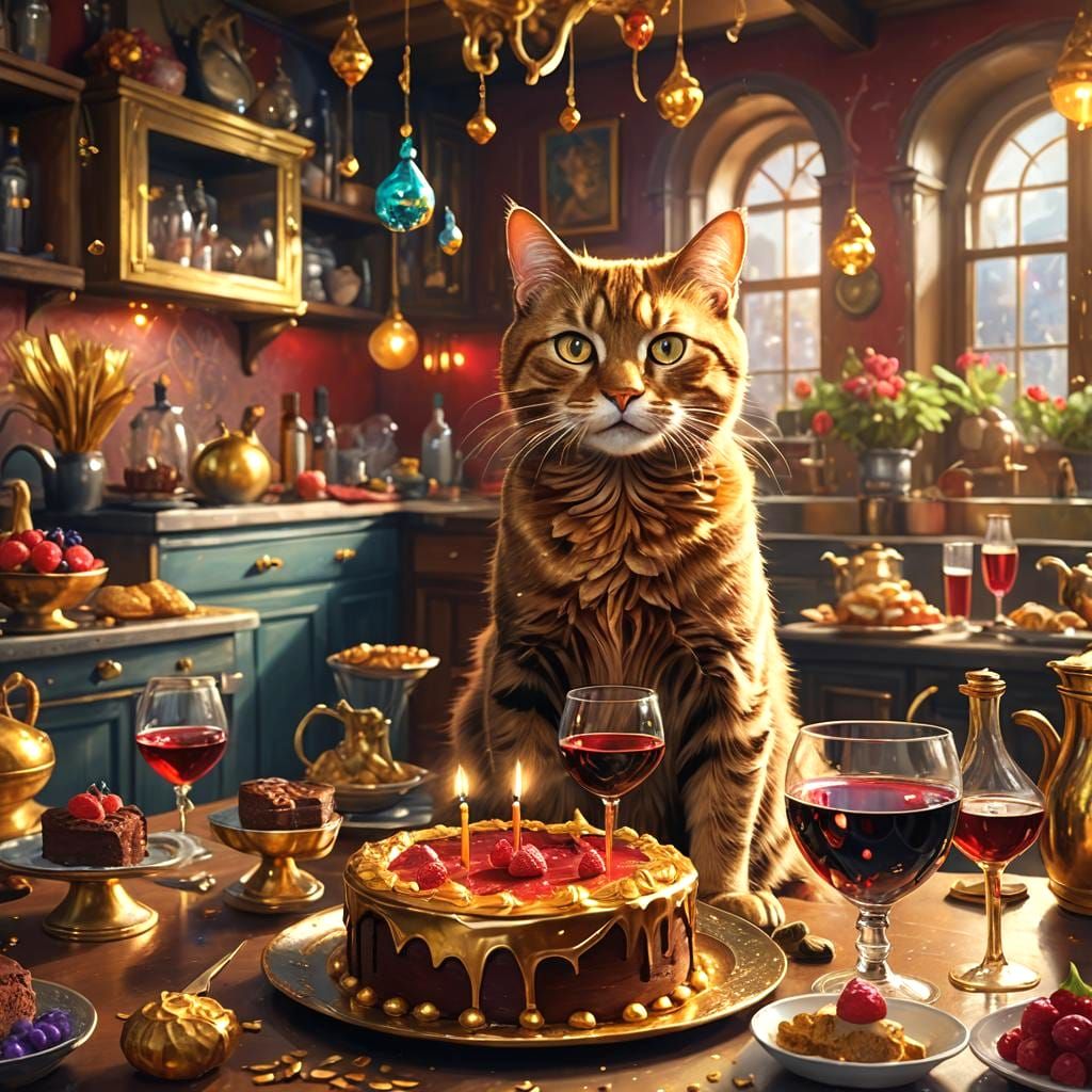 Gold Cat Birthday Party with Dancing Mice