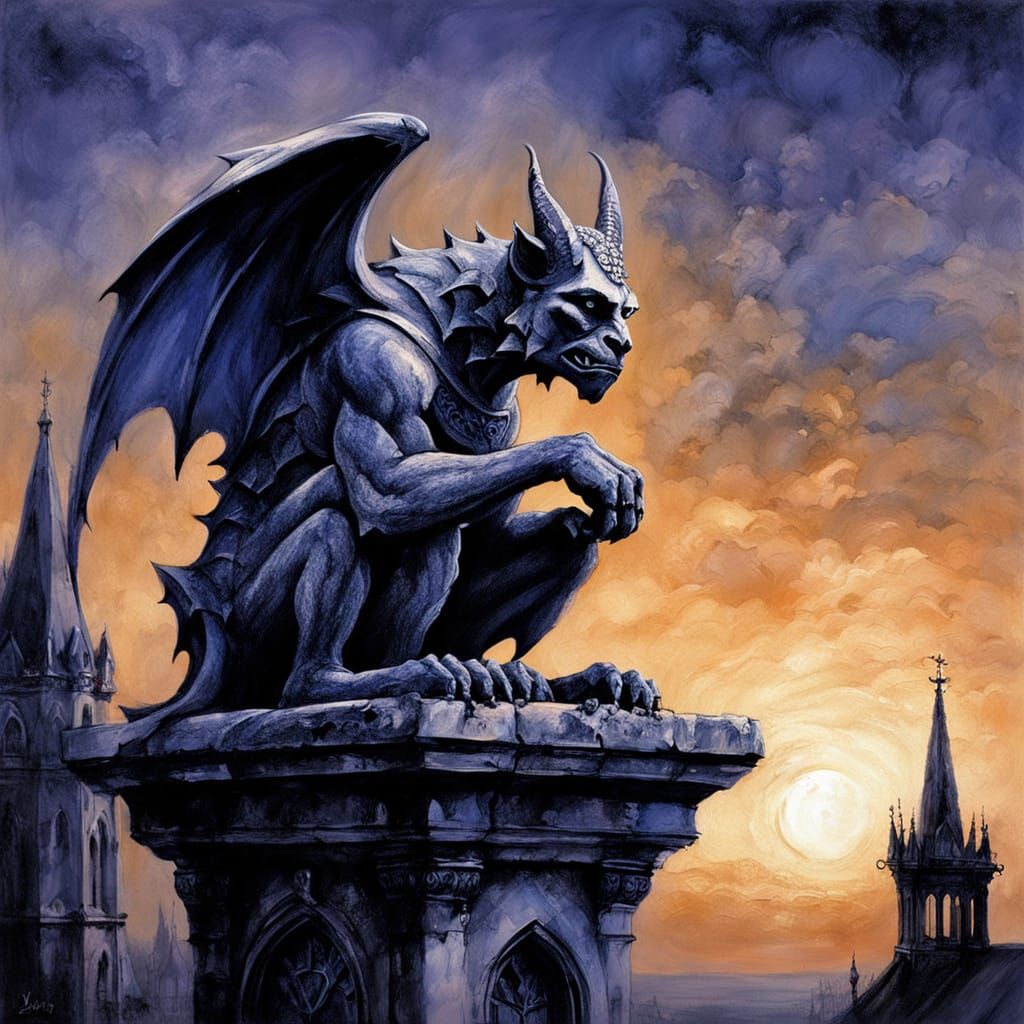 Gargoyle on Ruined Clock Tower at Sunset in Monochrome