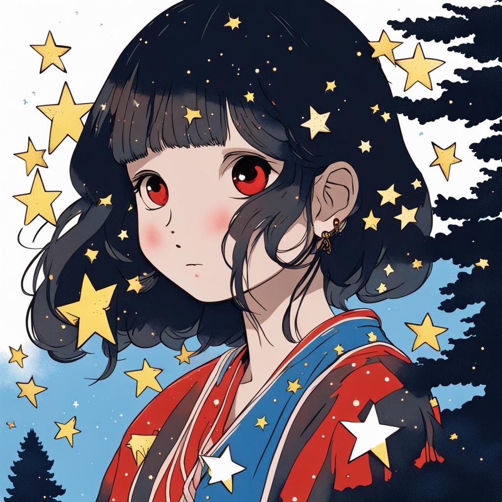 Girl Catching Stars with Pearl Earring in Miyazaki Style