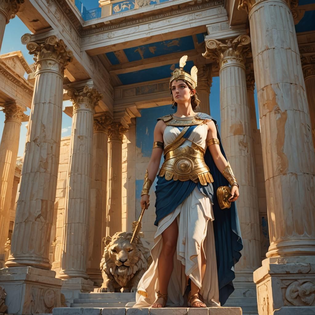 Athena in Ancient Temple: Neoclassical Digital Painting