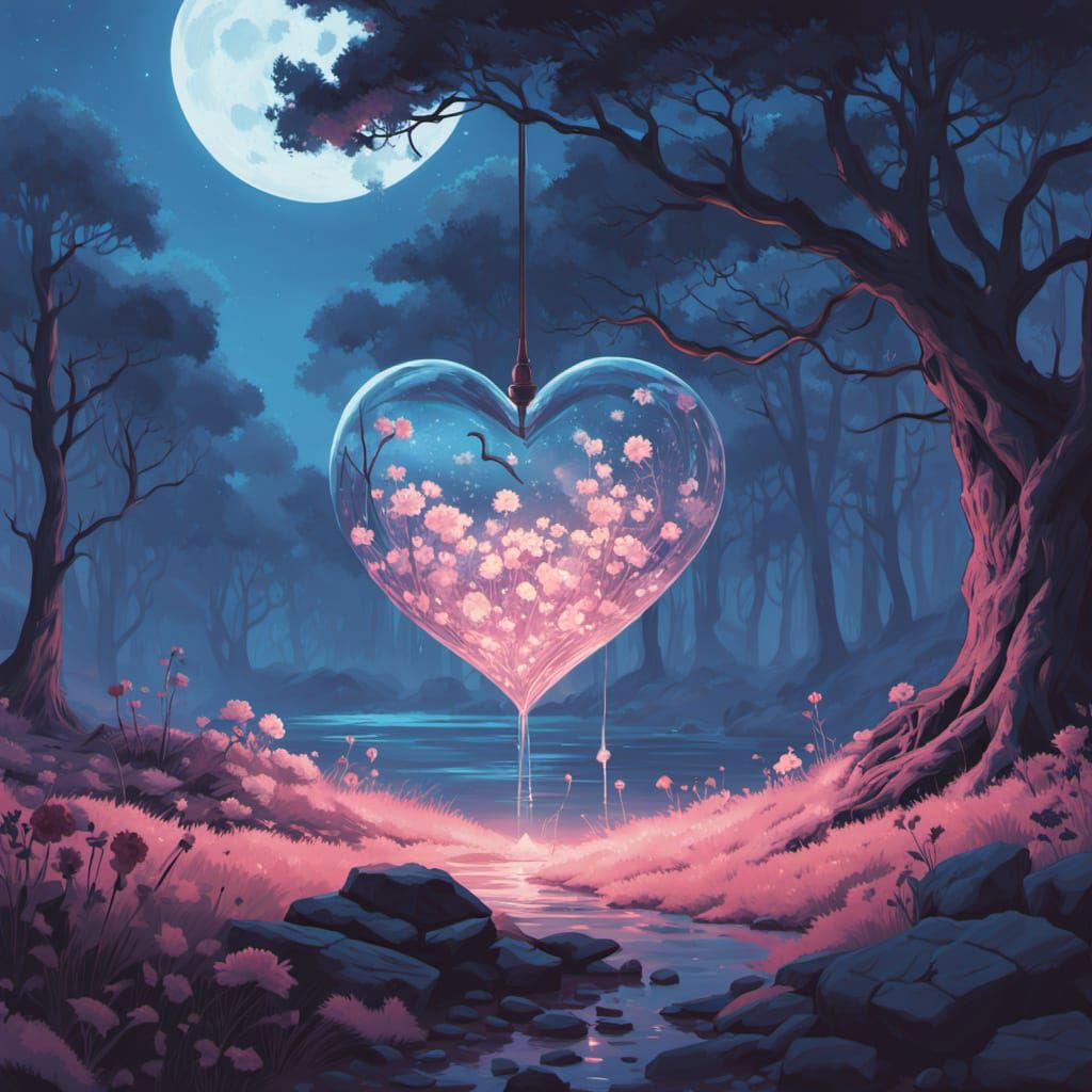 glass heart filled with flowers, moonlight, fairy lights, pi...