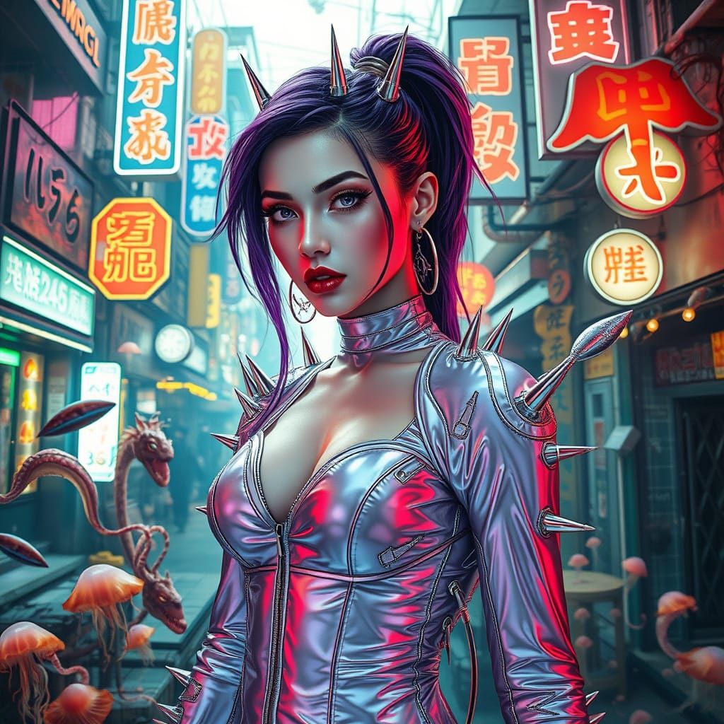 Cyberpunk Woman in Neon Cityscape, Hyperrealistic Style