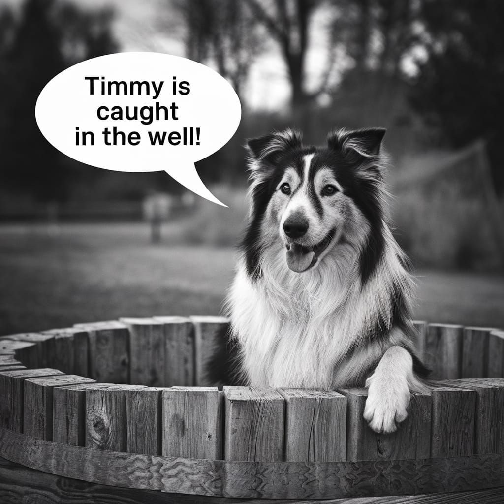 Hyperrealistic Collie Dog Announcing Timmy's Predicament