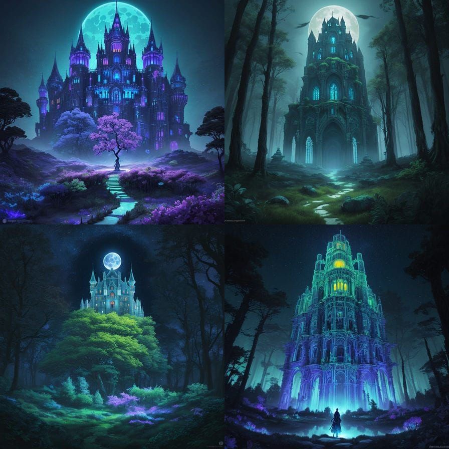 Ancient Castle Amidst Glowing Flora