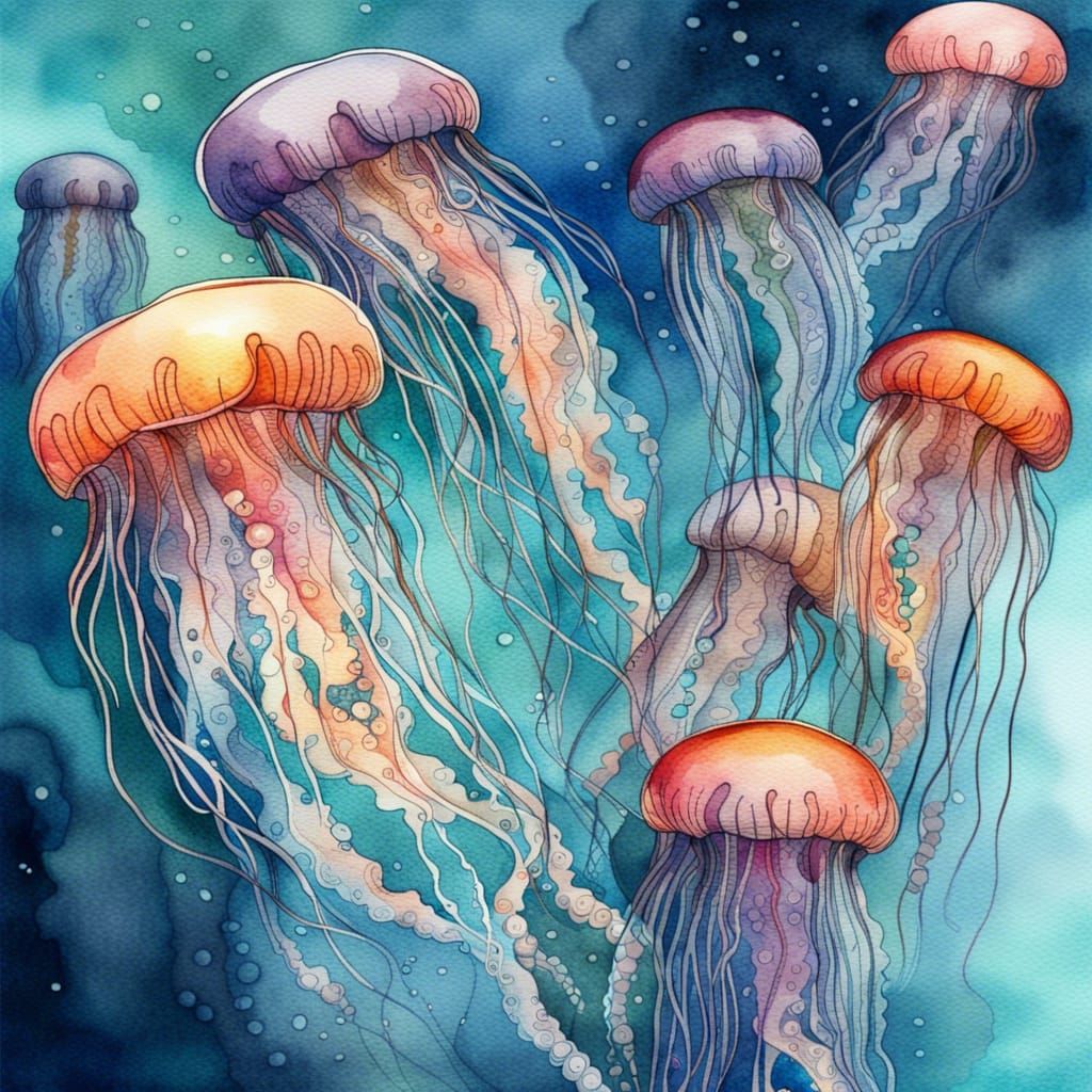 Jellyfish in Deep Ocean: Watercolor and Ink