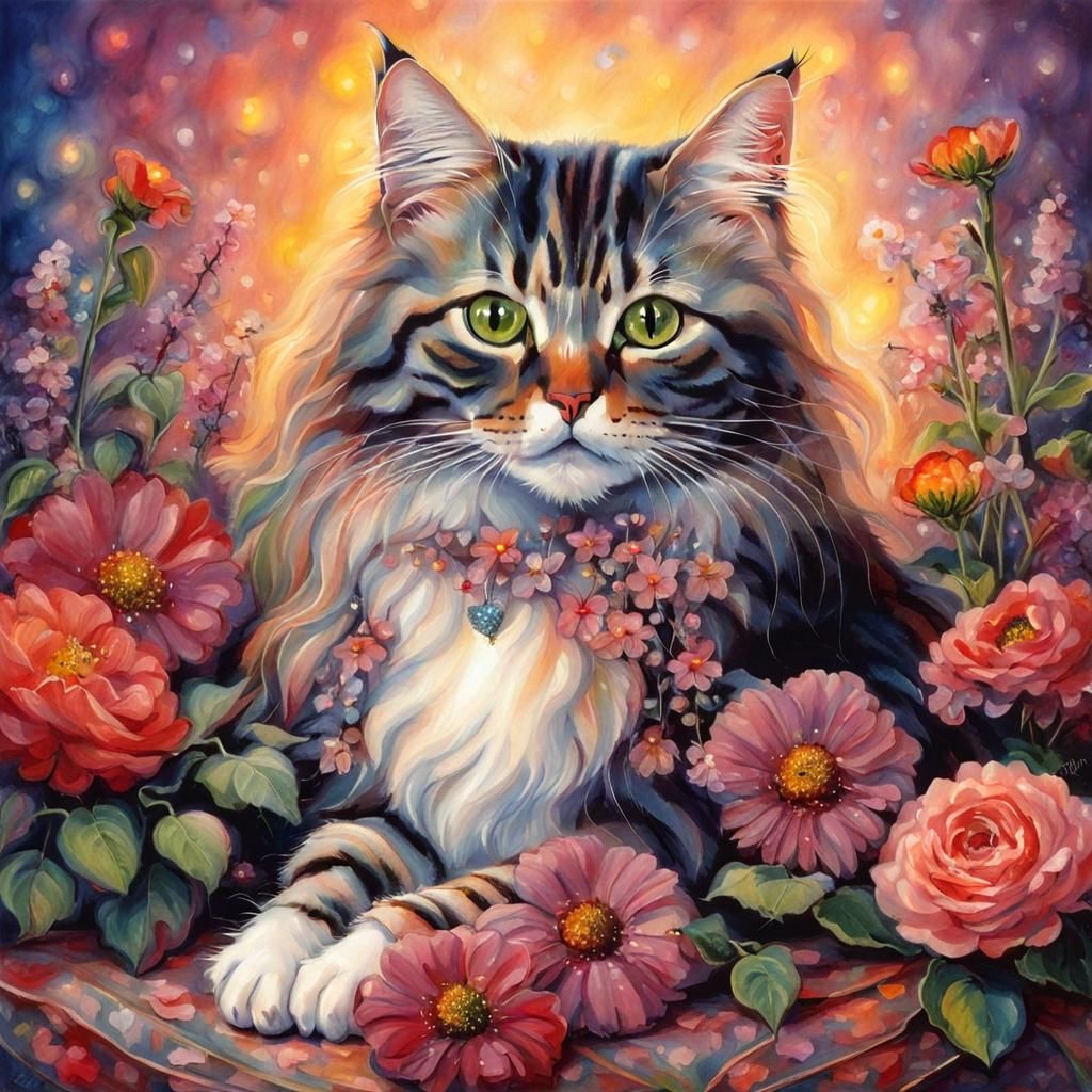 Cute Cat Surrounded by Flowers and Heart Lights
