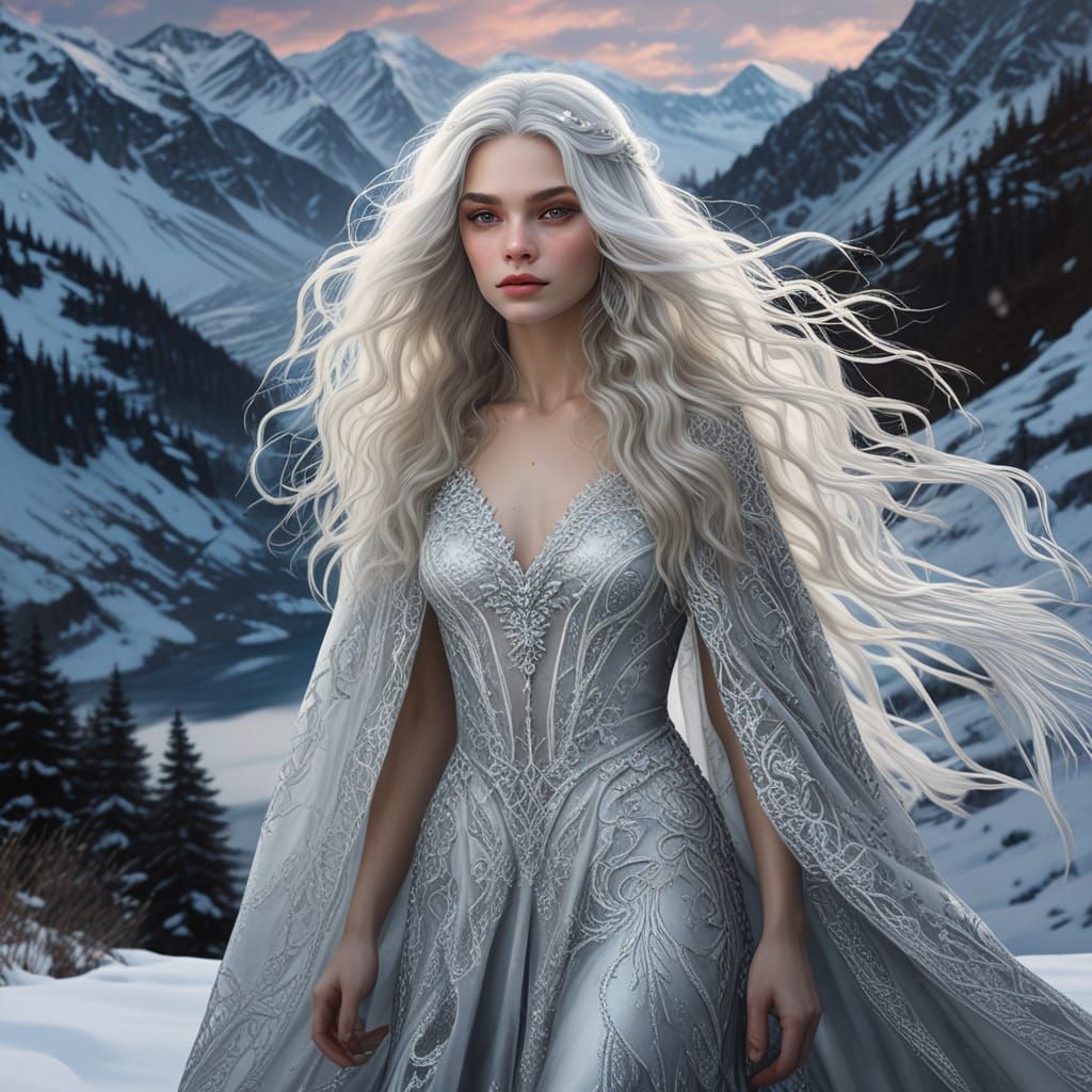 Ethereal Witch in Diaphonous Lace, Silvery Hair, and Snowy R...