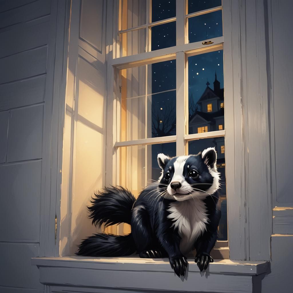 Skunk Peeks into White House Window: Digital Art