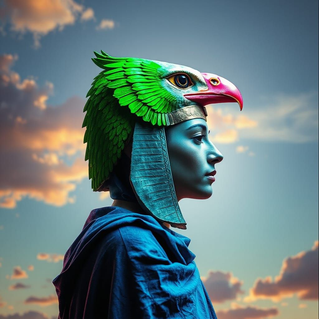 Surreal Egyptian Woman with Bird Head in Psychedelic Style