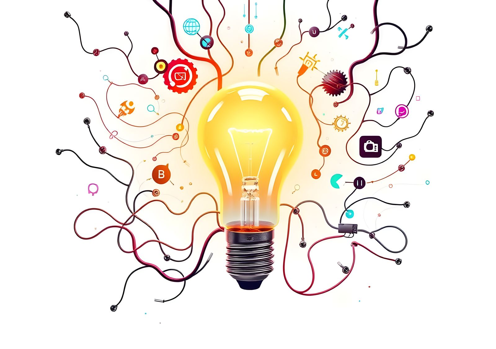 Idea Lightbulb with Technology Icons, Detailed Matte Paintin...