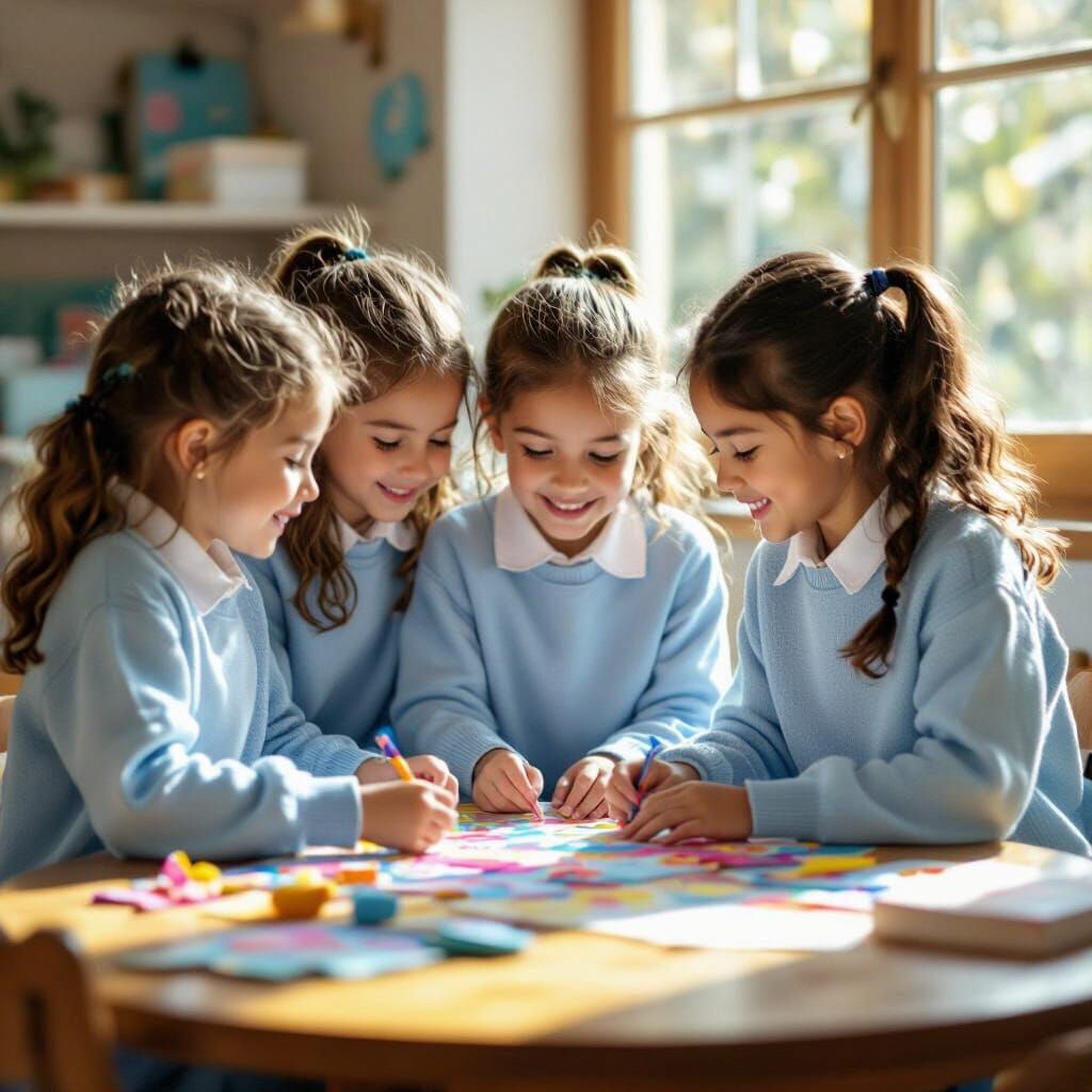 School Girls Enjoying Craft Time in Sunny Room