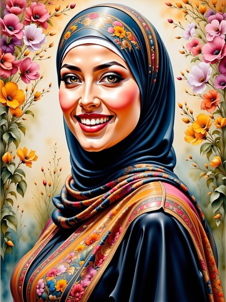 Elegant Woman Wearing Hijab in Oil-Guache Style