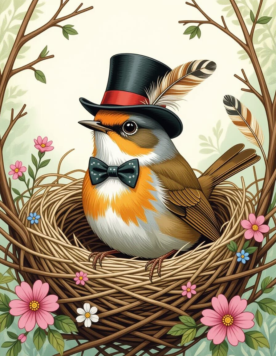 Robin in Top Hat Sitting in Fancy Nest