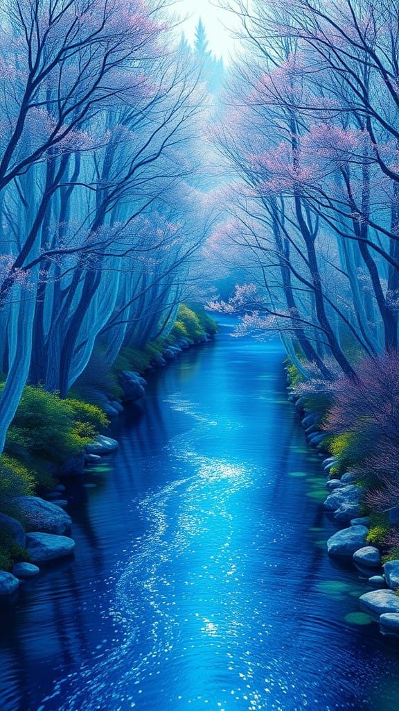 Majestic Sapphire River in a Crystal Forest