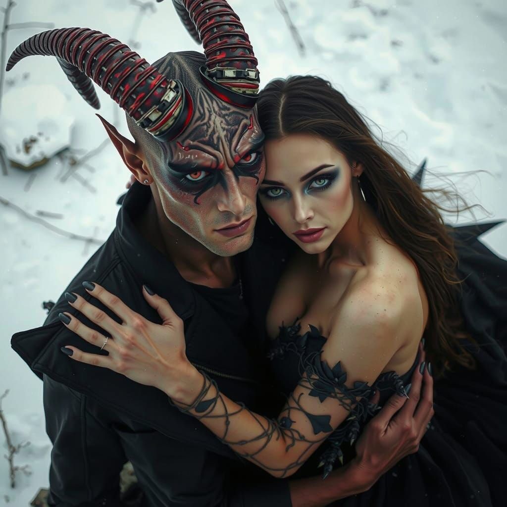 Demon and Witch Embrace in Eerie Snowscape