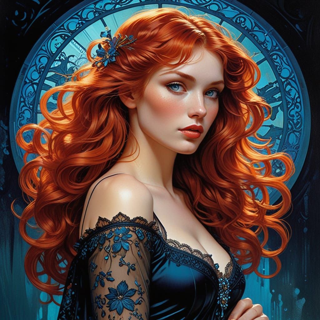 Art Nouveau Woman in Crimson Lace, Synthwave Neon Retro