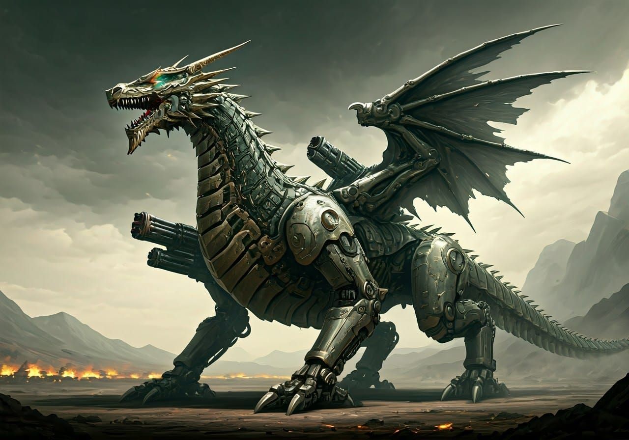 Mechanical Dragon Construct on Battlefield: Sci-Fi Concept A...