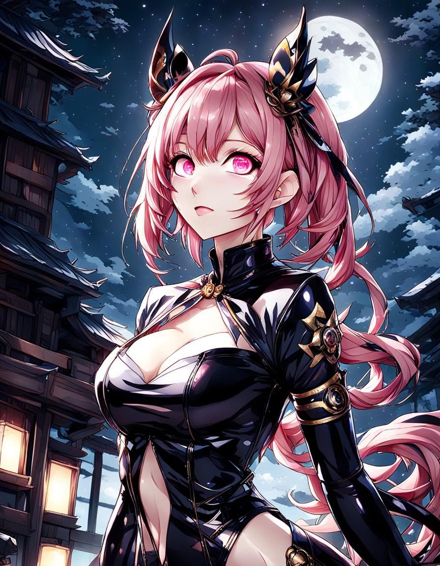Anime girl, Pink hair, big chest, perfect curvy bottom, from behind, she looks back to the viewer, sly look, big detail...