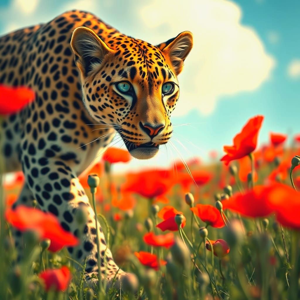 Photorealistic Leopard in Poppy Field