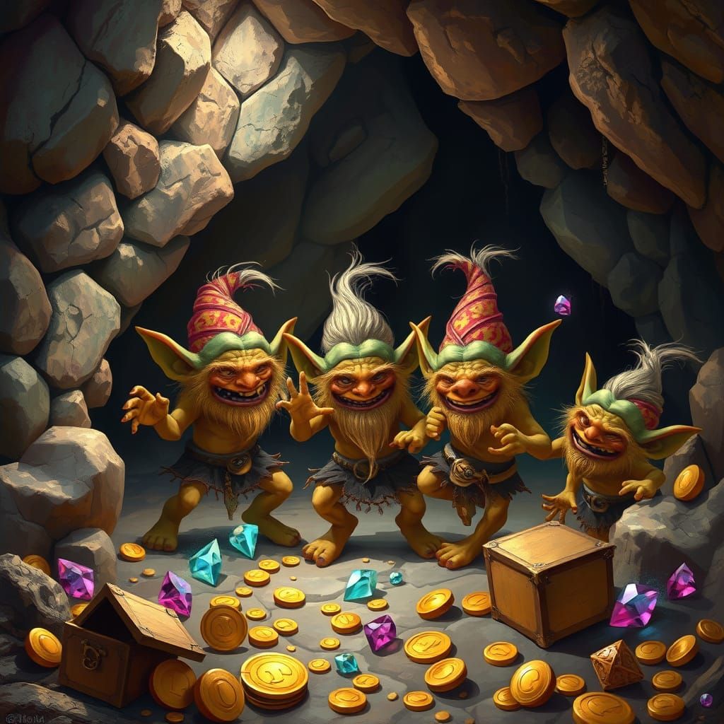Trolls Dancing with Jewels in Cave Painting