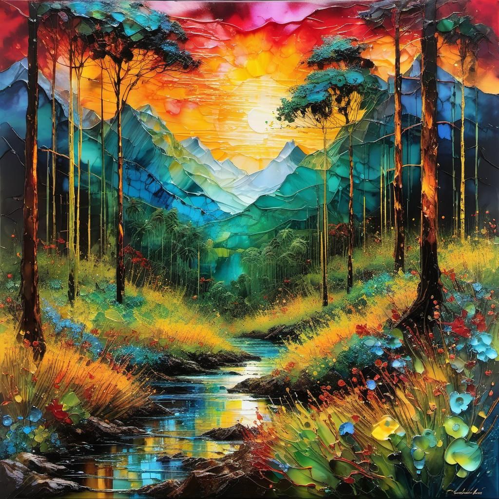 Rainforest Sunset: Encaustic Painting in Tachisme Style