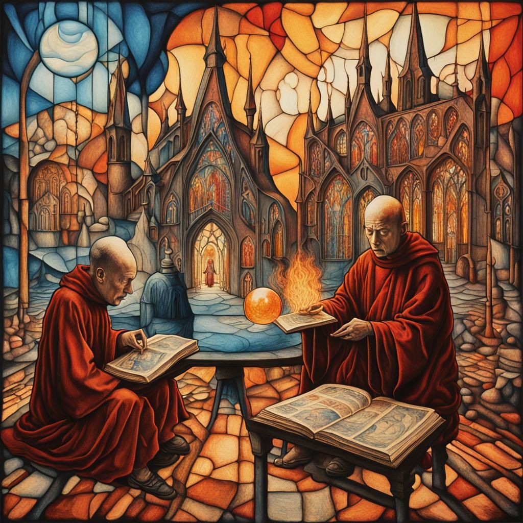 Monks in Cosmic Chaos: Surrealist Cathedral Scene
