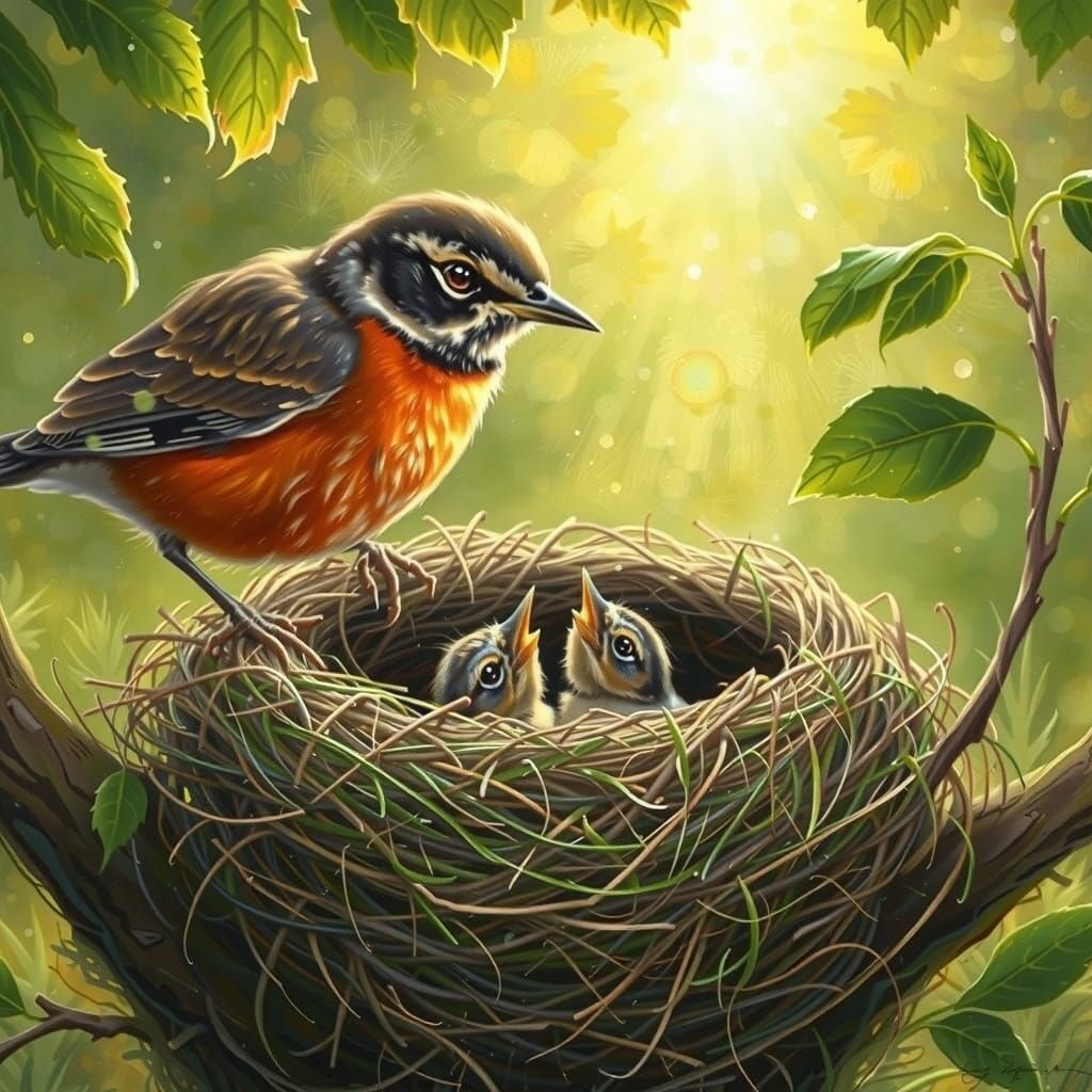 Robins Hatching: An Oil Painting in Classic Style