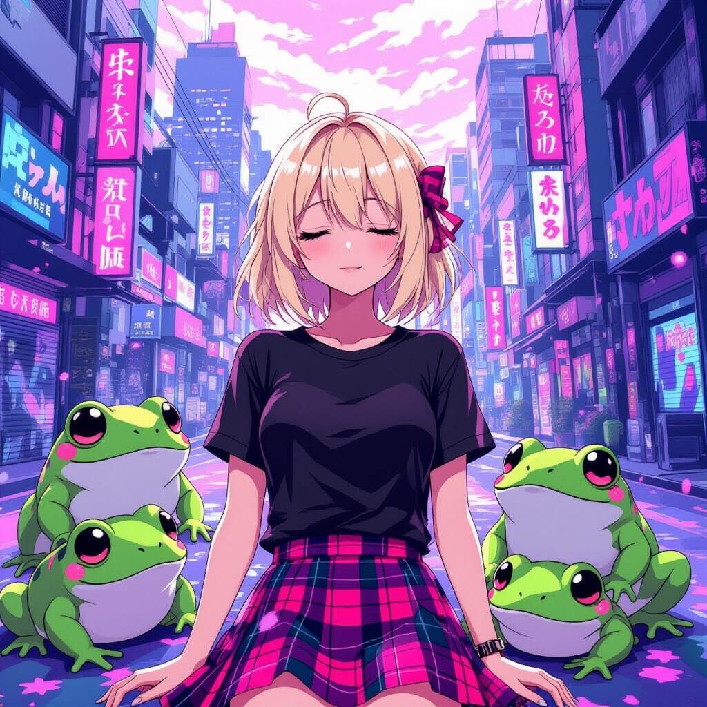 Anime Girl with Frog Monsters in Violet Cityscape