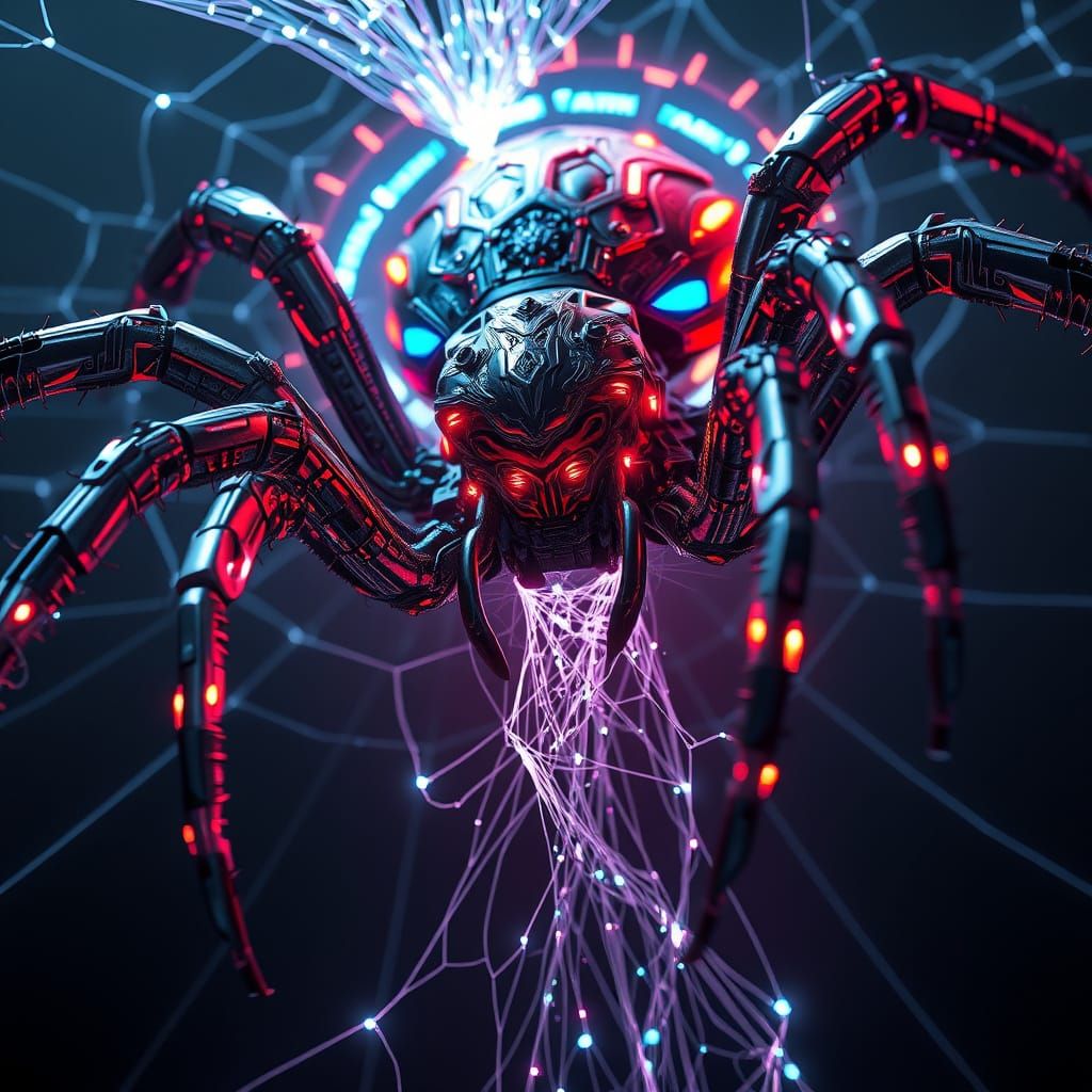 Cyberpunk Spider Weaves Luminous Web in Futuristic Landscape