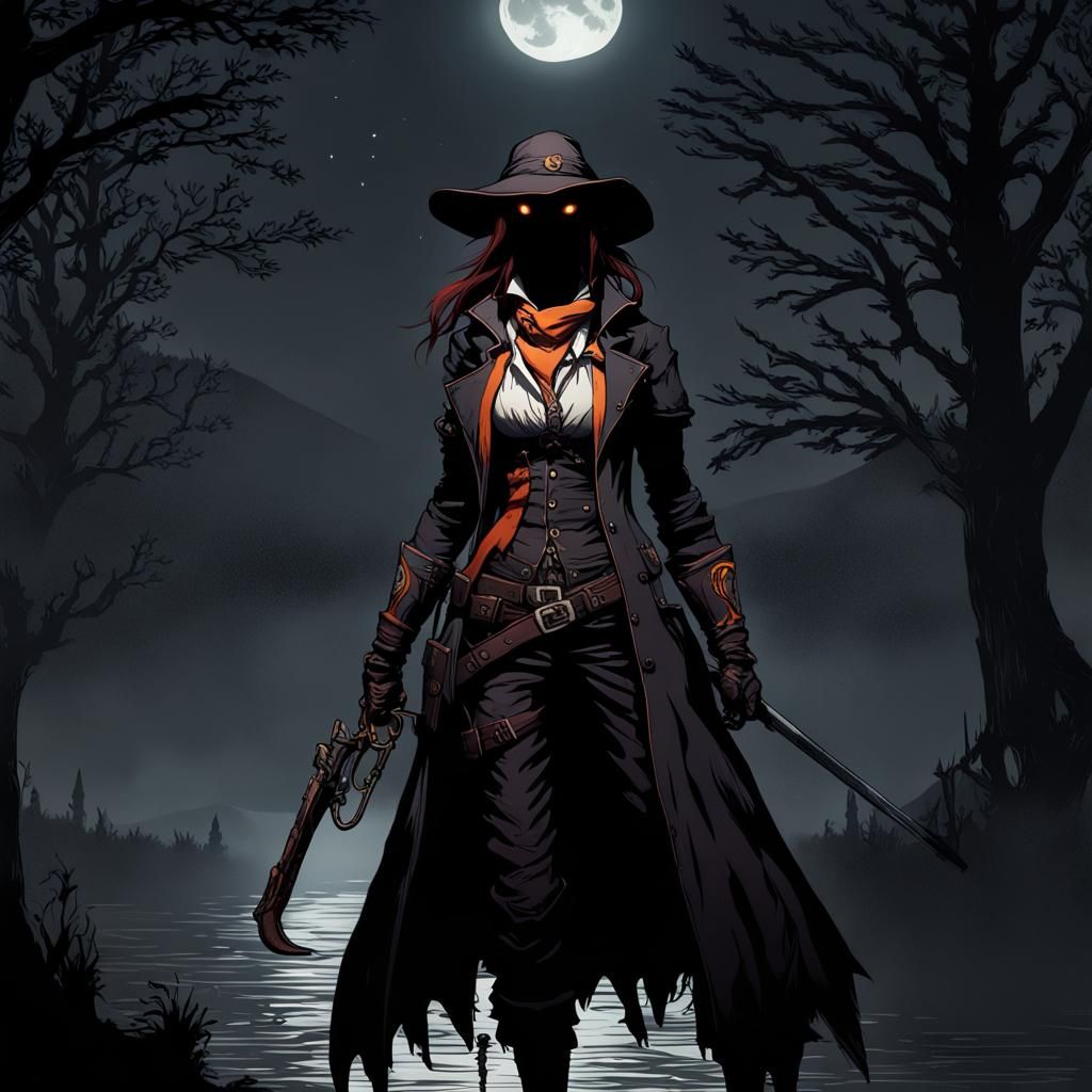 Female Hunter Covered in Blood With Moon
