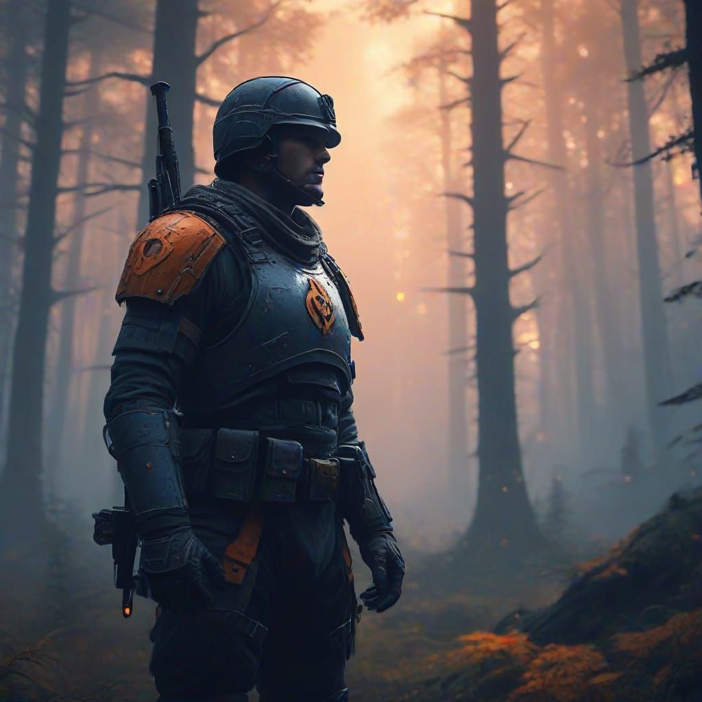 Soldier in Misty Forest with Glowing Runes