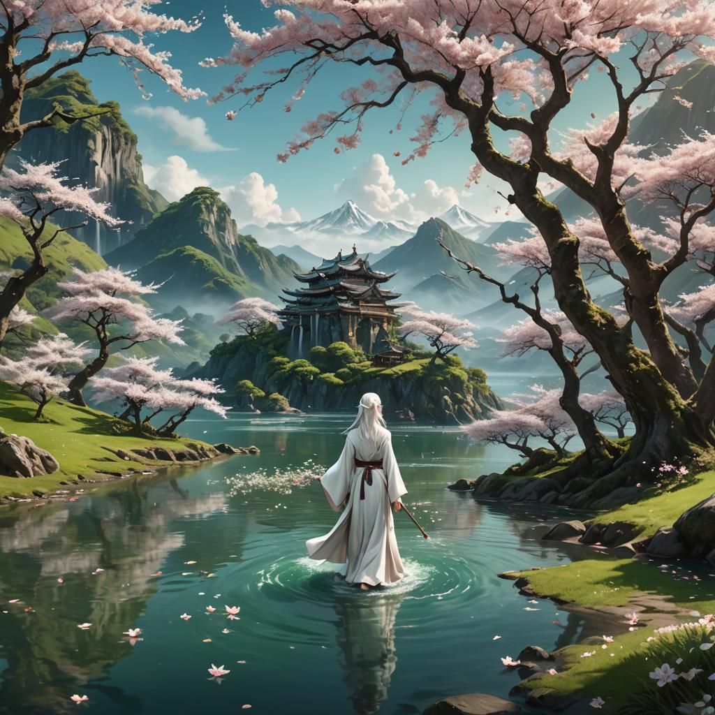 Elf Priestess at Cherry Blossom Island, Fantasy Art