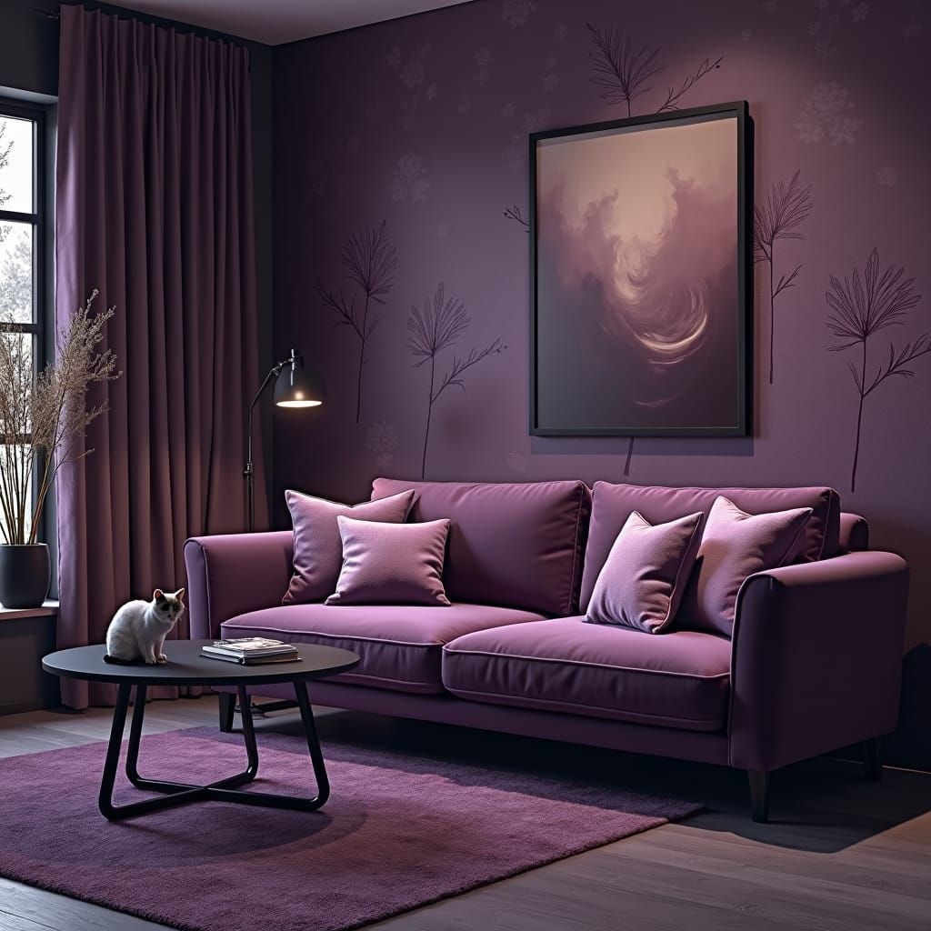 Cozy Living Room with Purple Couch, Digital Art