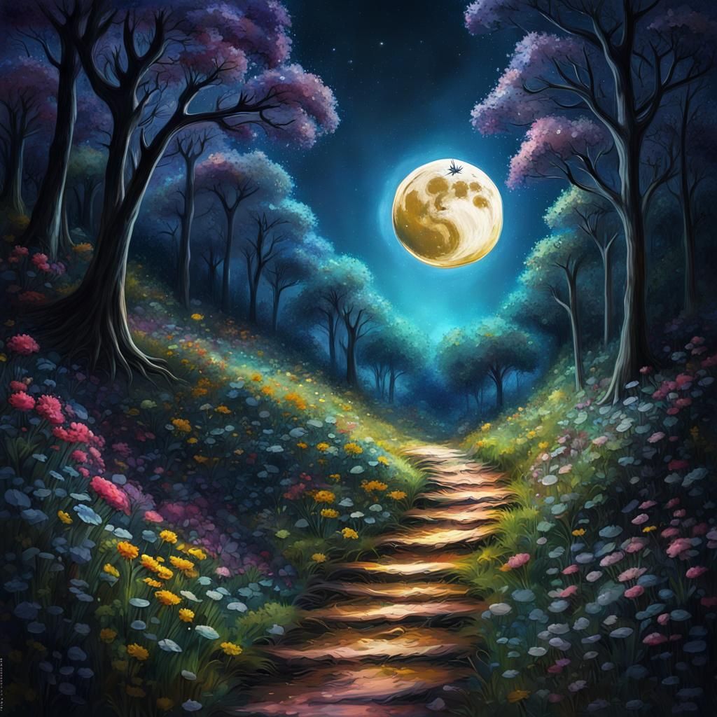 Path to the Moon: Graffiti Art in Dark Forest