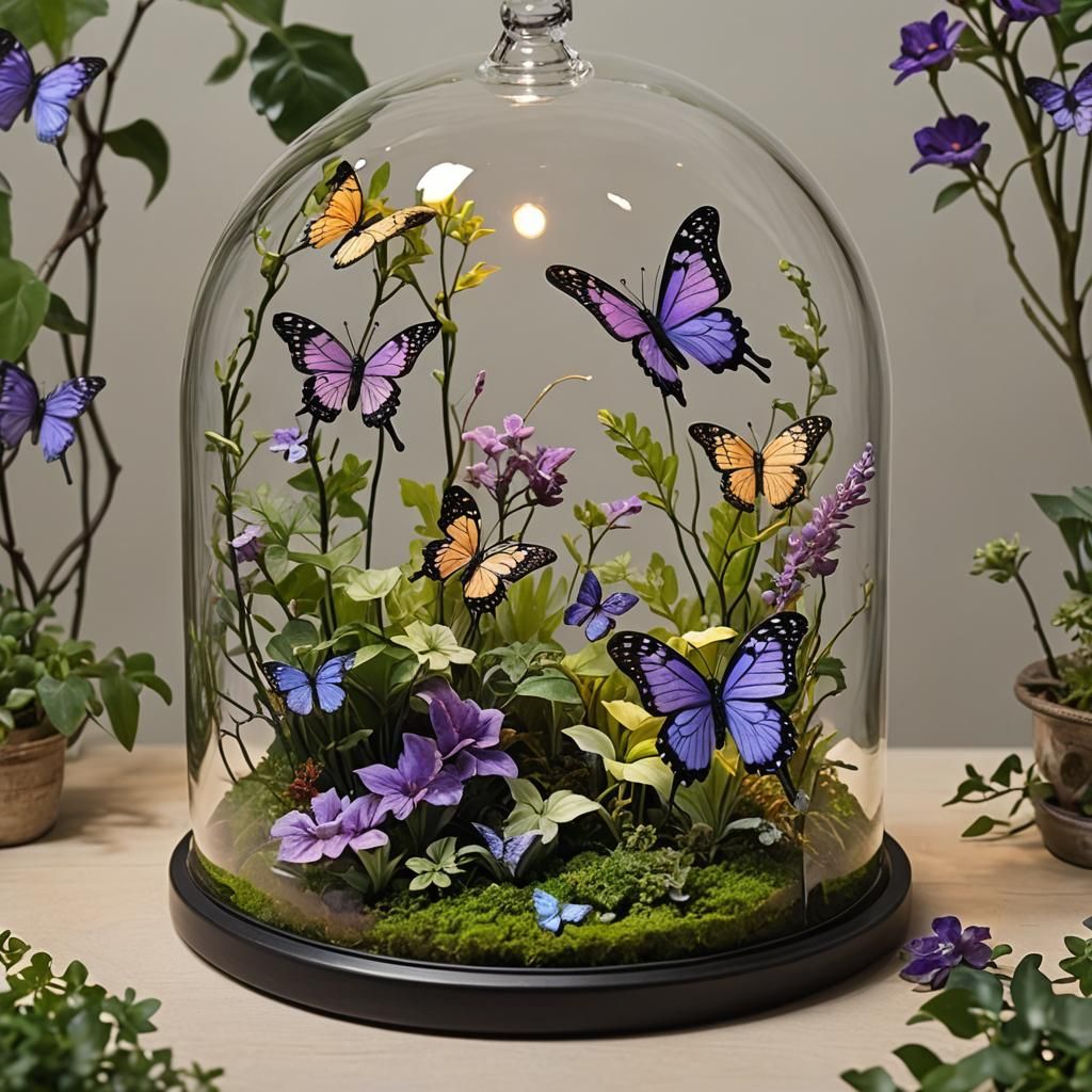 Luminescent Lavender Butterfly in Mystical Terrarium