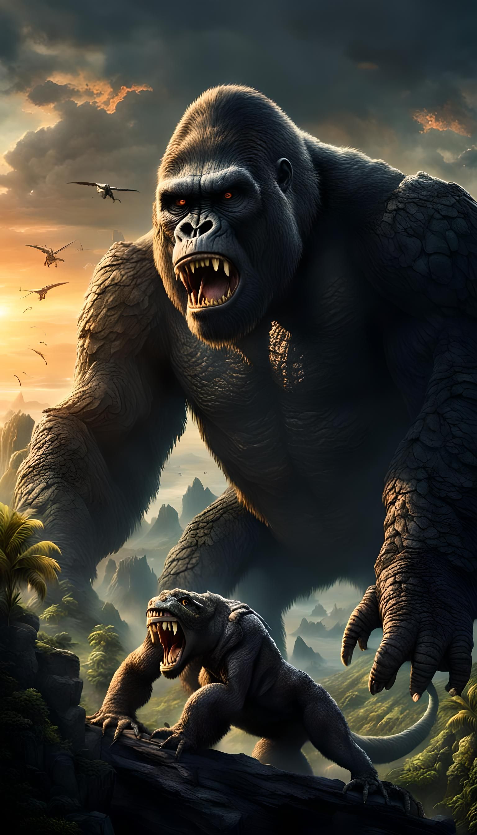 As sun sets over the treacherous terrain of Skull Island, Ki...