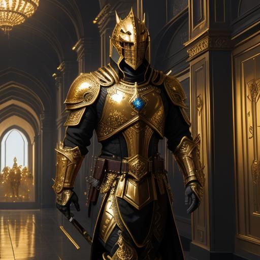 Golden Knight in Ornate Hallway: Cinematic Digital Art