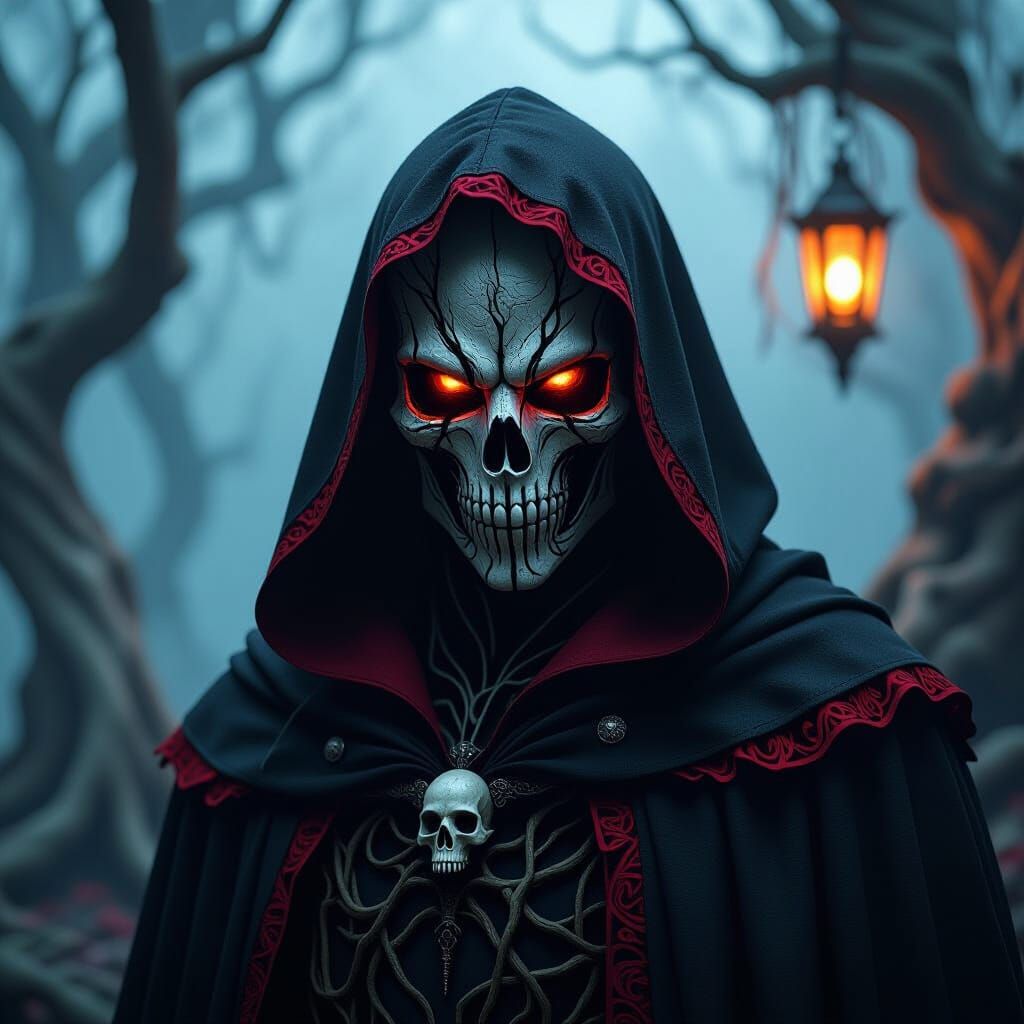 Eerie Root-Form Hooded Figure in Dark Fantasy Scene