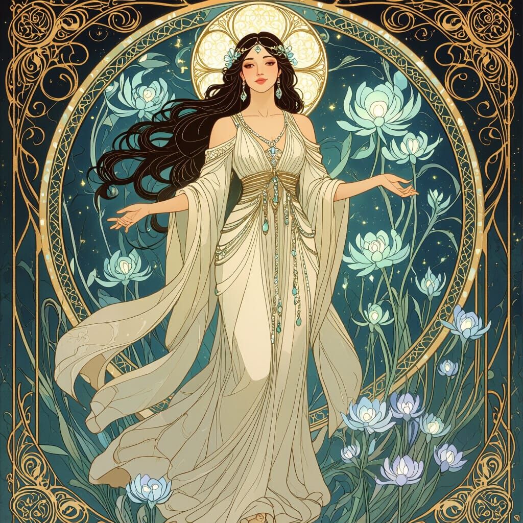 Goddess in Bioluminescent Field: Art Nouveau Fantasy