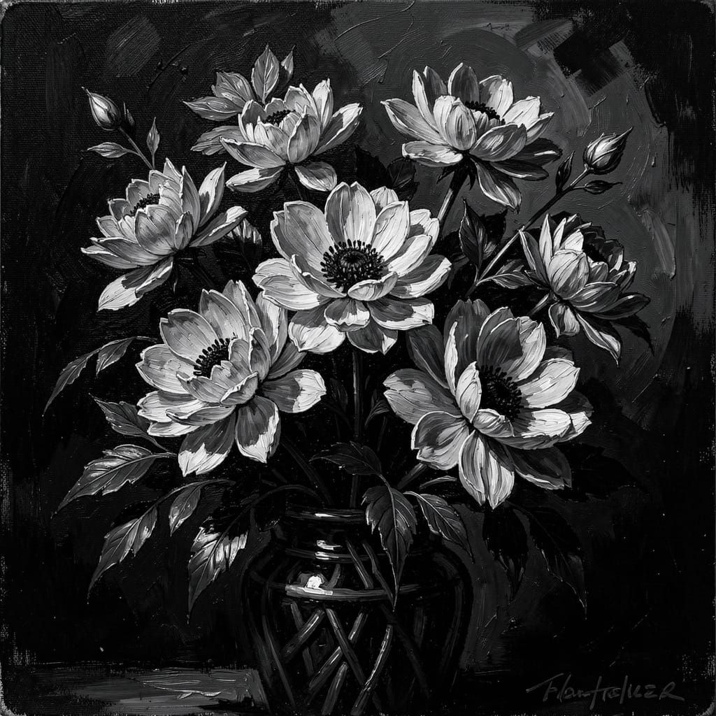 Monochromatic Black and White Flowers as Impasto Oil Paintin...