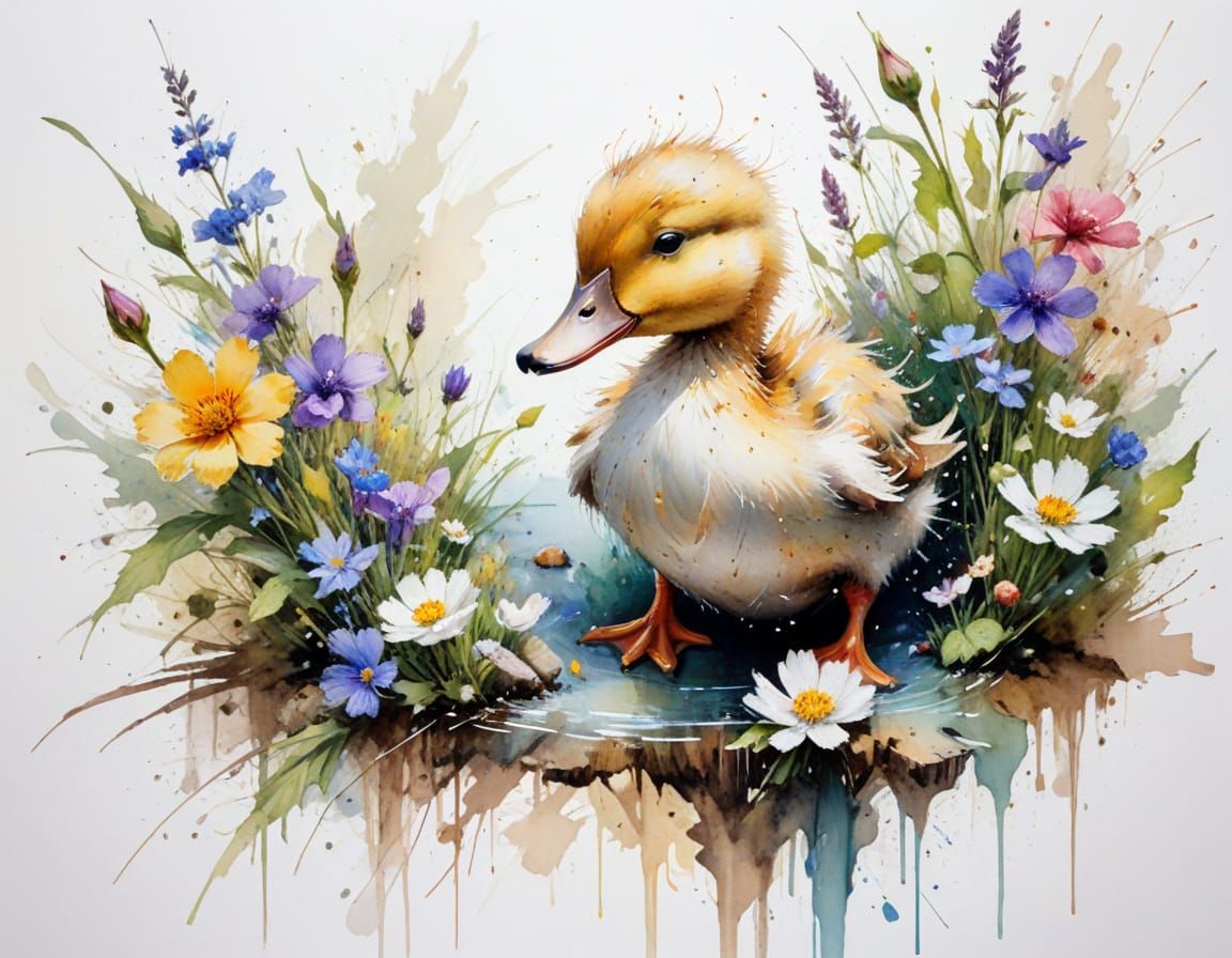 Duckling in Sunlit Garden: Expressive Watercolor Painting